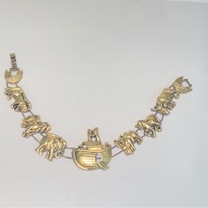 Vintage Yechang Antiqued Gold Tone Noah's Ark Slide Link Charm 7.5" Bracelet